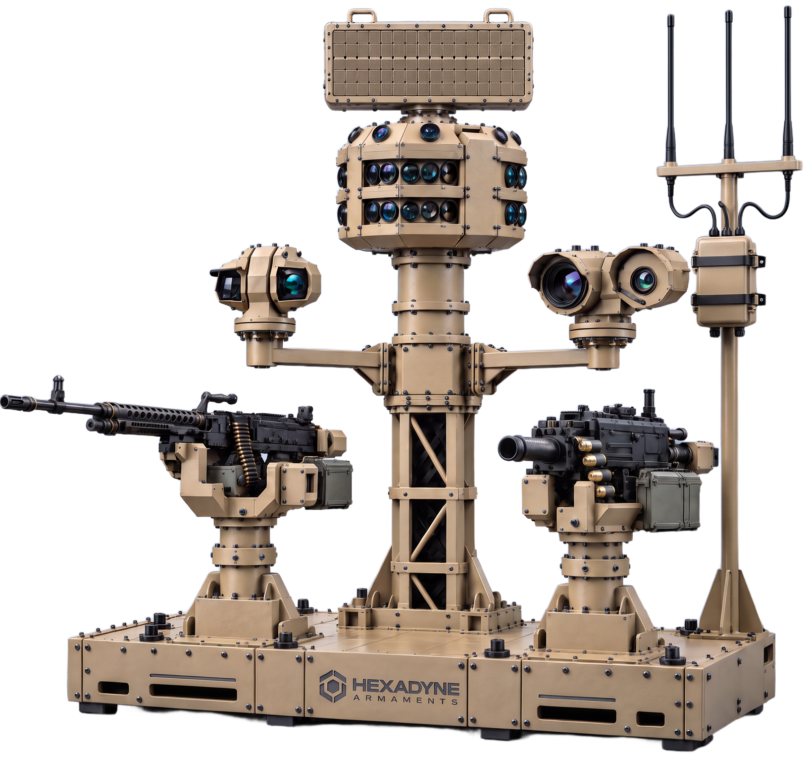 ZEUS AMME counter-UAS system: sensing core, two integrated gun turrets and battle station. Concept rendering.