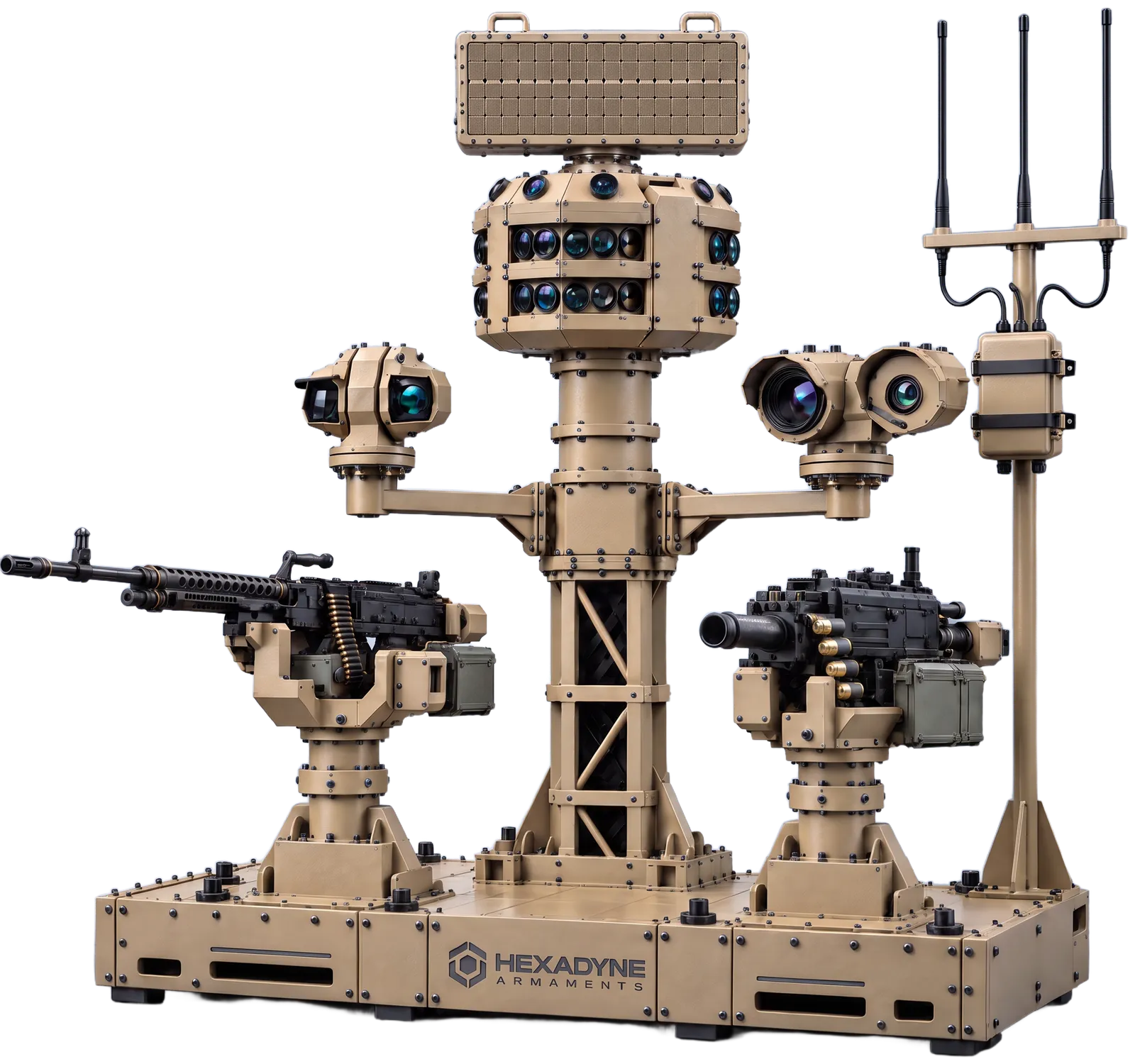ZEUS AMME counter-UAS system: sensing core, two integrated gun turrets and battle station. Concept rendering.