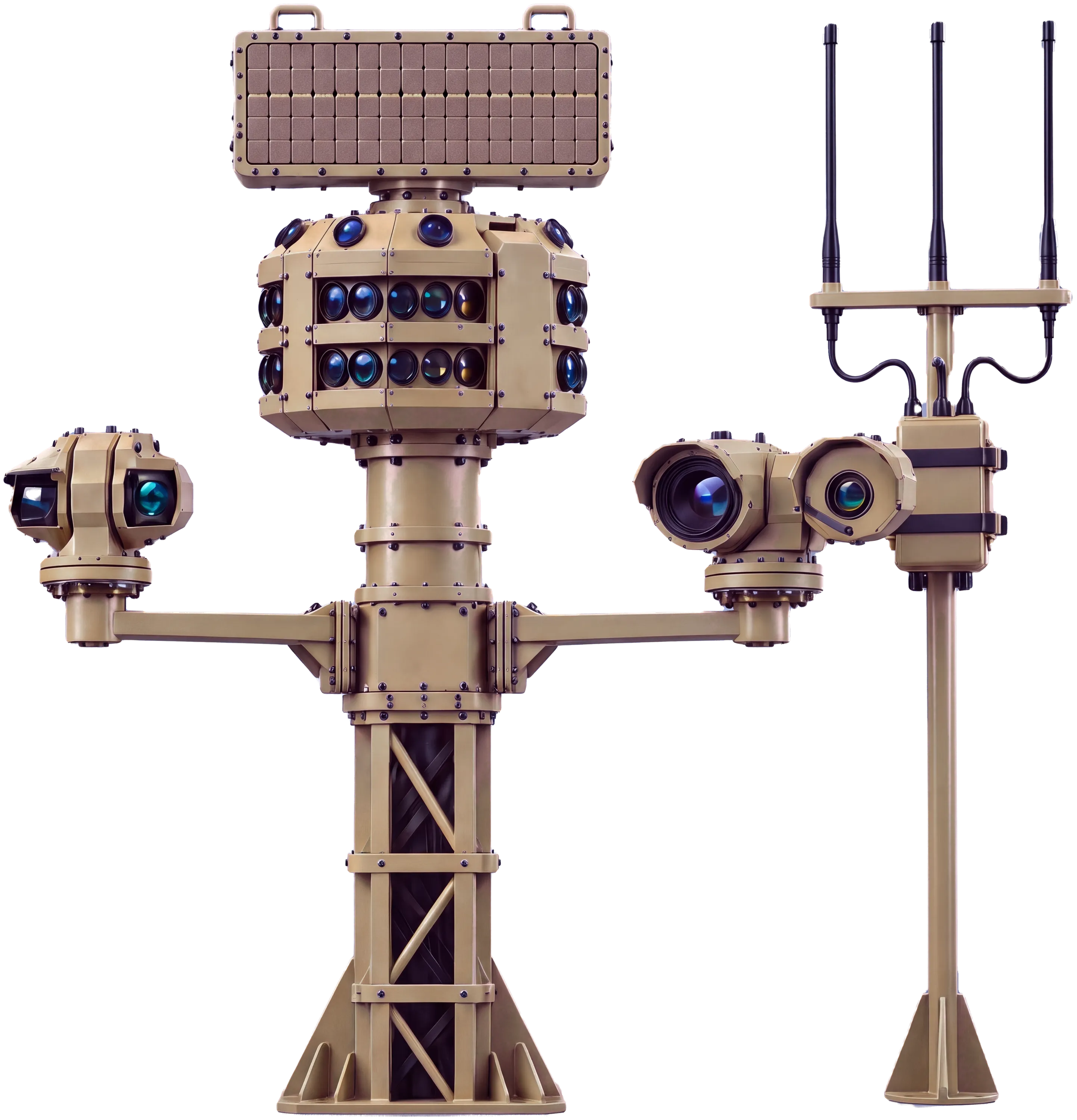 ZEUS AMME sensing core with radar, staring camera array, long-zoom and thermal cameras and Remote ID receiver. Concept rendering.
